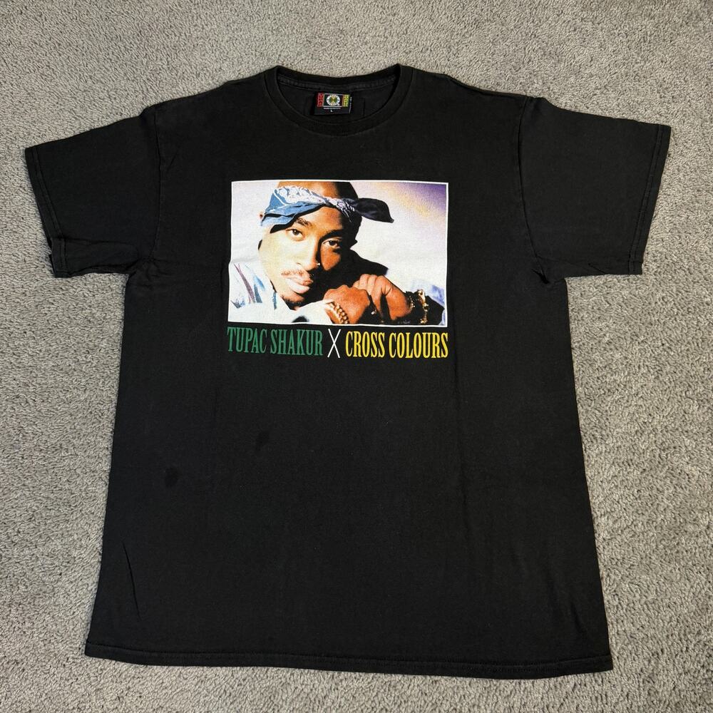 Vintage Cross Colours Tupac Shakur Shirt Mens L Black Graphic Crew Neck Cotton